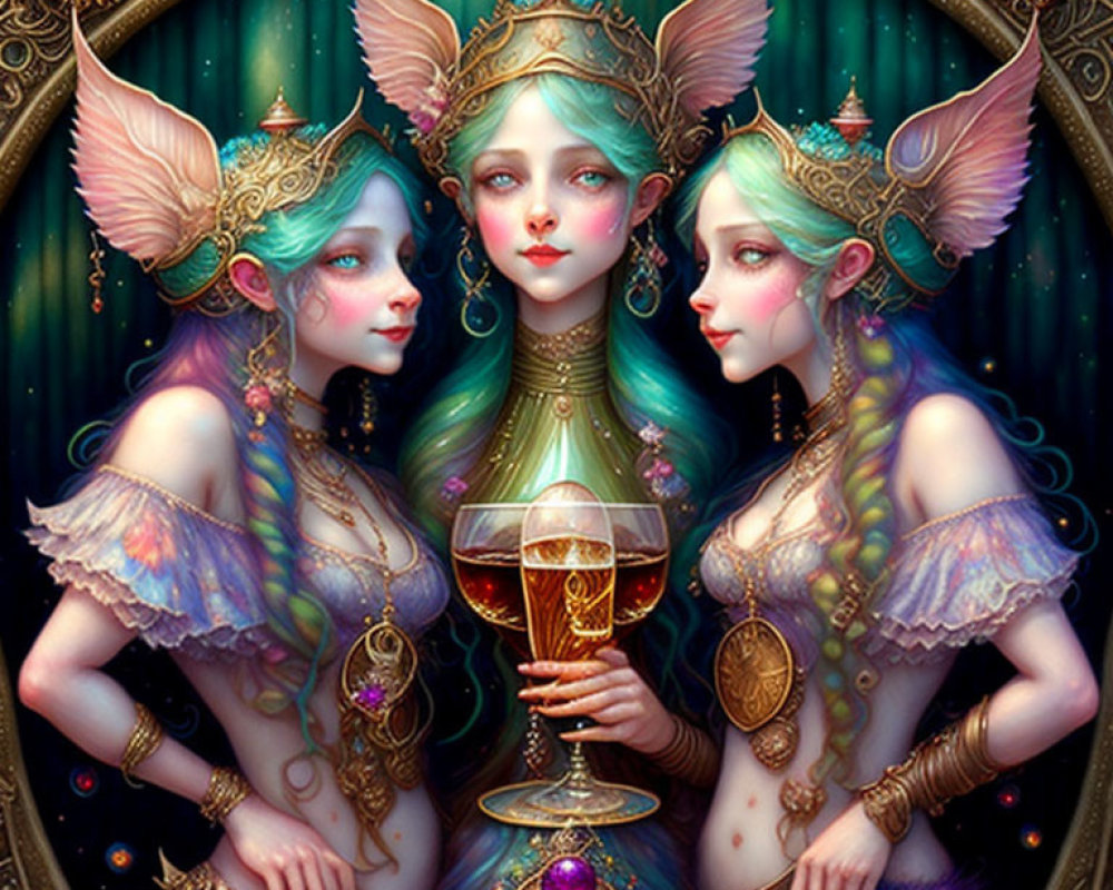 Fantasy female characters with ornate headpieces and golden goblet in mystical setting