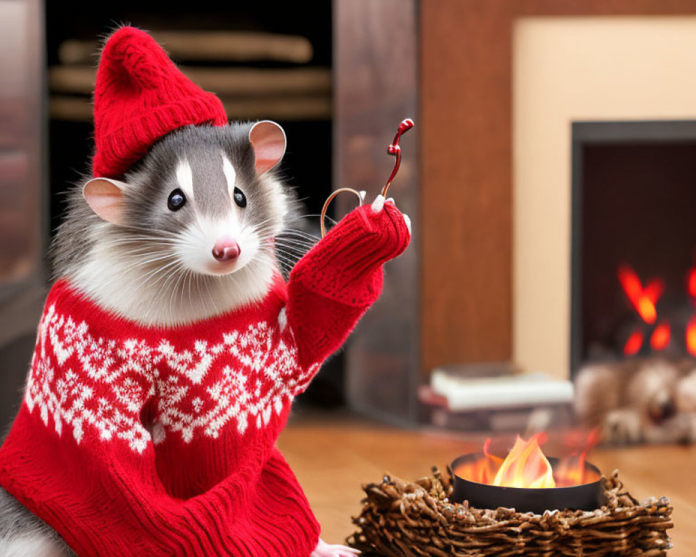 Opossum in red sweater by fireplace with marshmallow stick