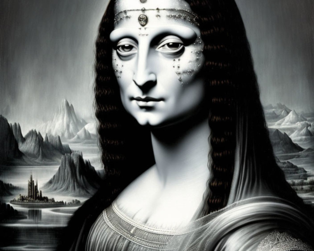 Monochromatic Mona Lisa reinterpretation in silver and gray with futuristic cyborg look.
