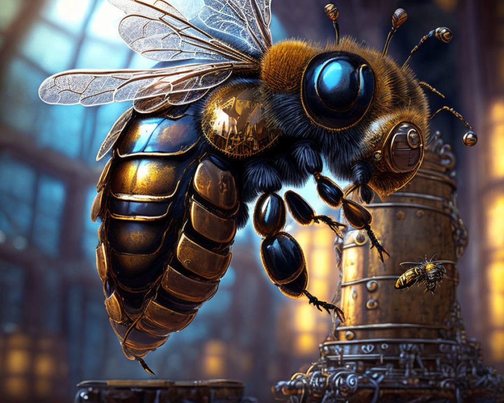 Detailed Digital Artwork of Mechanical Bee Near Hive