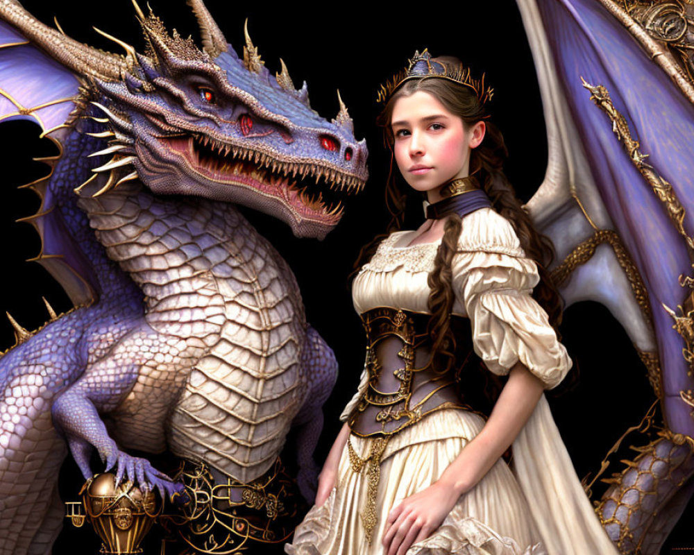 Young girl in historical dress with purple dragon and extended wing.