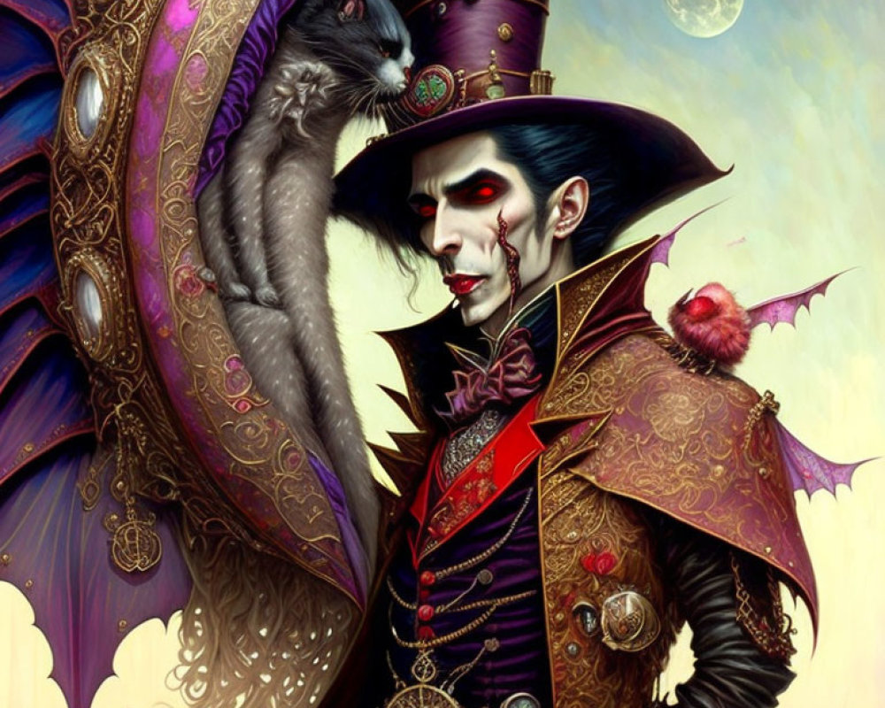 Gothic-inspired fantasy figure in purple and gold attire with cat scepter