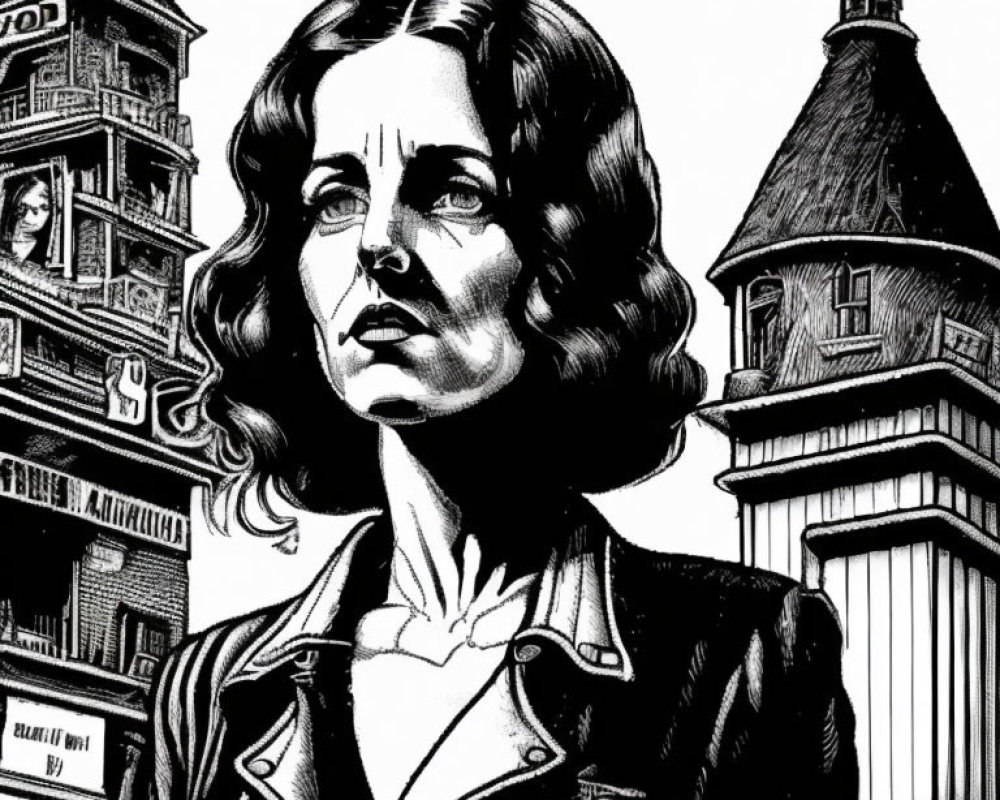 Monochrome illustration of a woman with wavy hair in urban setting