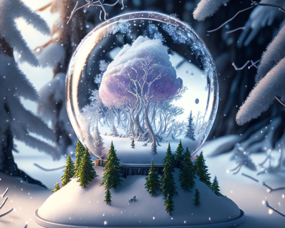 Snow globe with solitary tree in wintry setting surrounded by miniature pines
