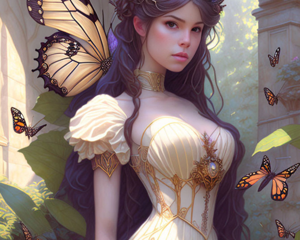Fantastical image of woman with butterfly wings in hair, wearing white and gold corset dress surrounded