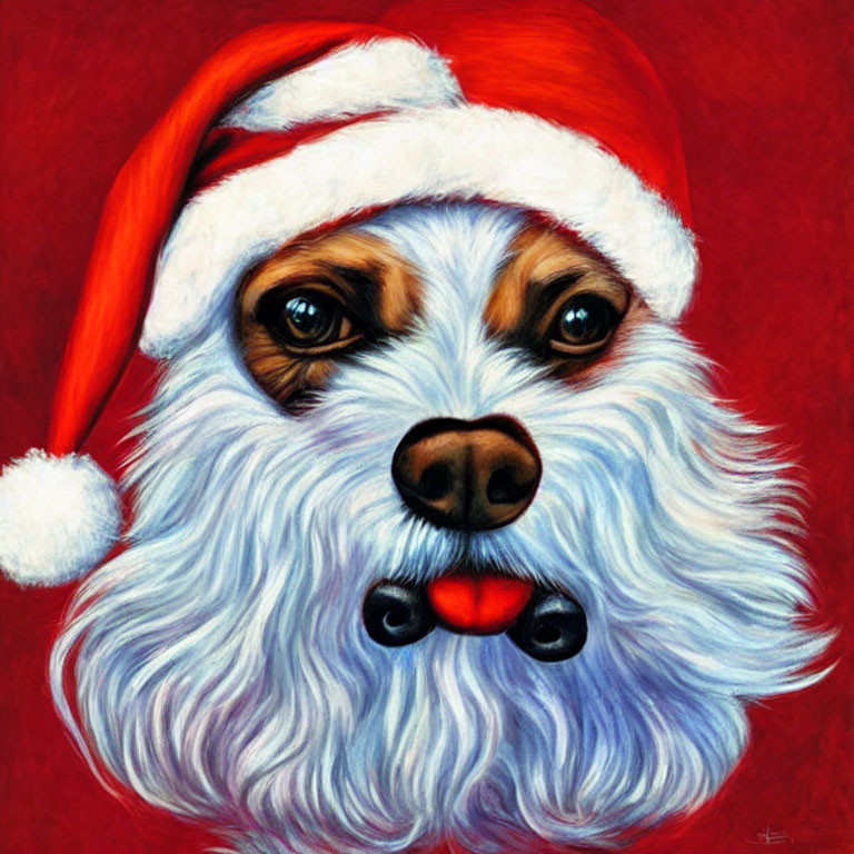 Colorful Dog Illustration with Santa Hat on Red Background
