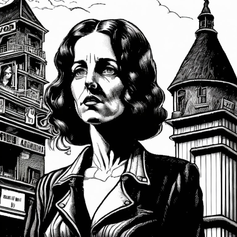 Monochrome illustration of a woman with wavy hair in urban setting