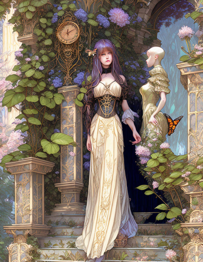 Fantasy illustration of woman in purple hair, golden gown, garden with clock & statue