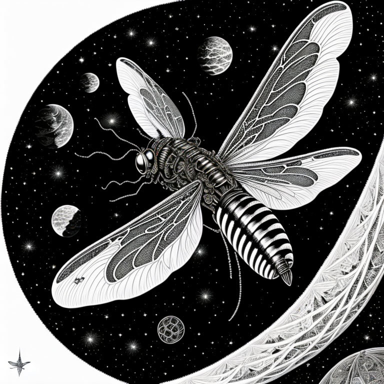 Detailed black and white dragonfly illustration with cosmic backdrop.