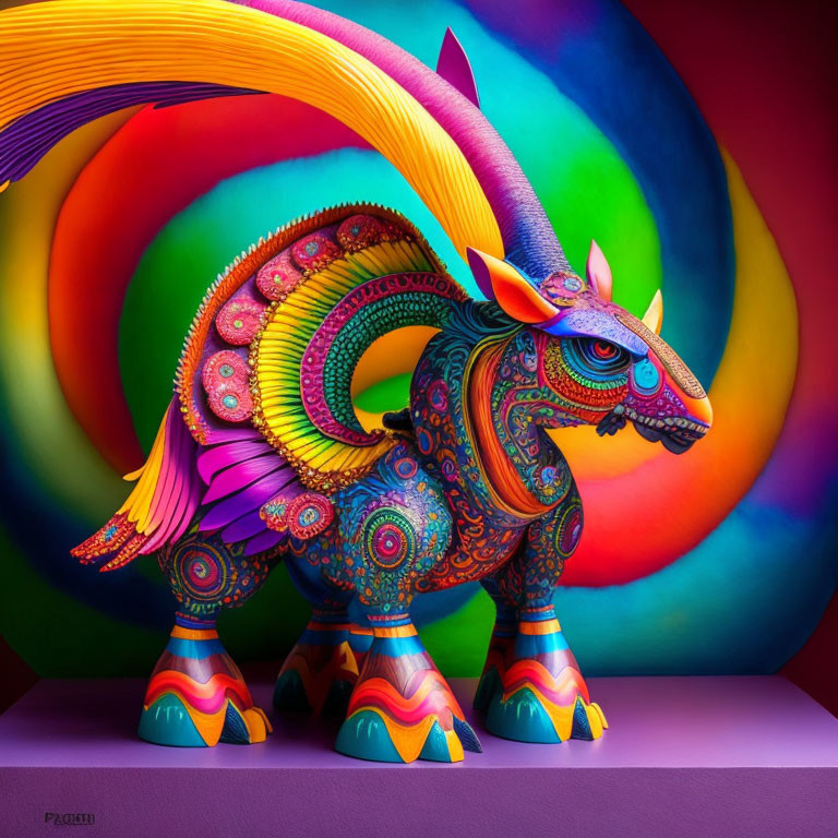 Colorful Mythical Creature Sculpture with Horns and Mane on Multicolored Background