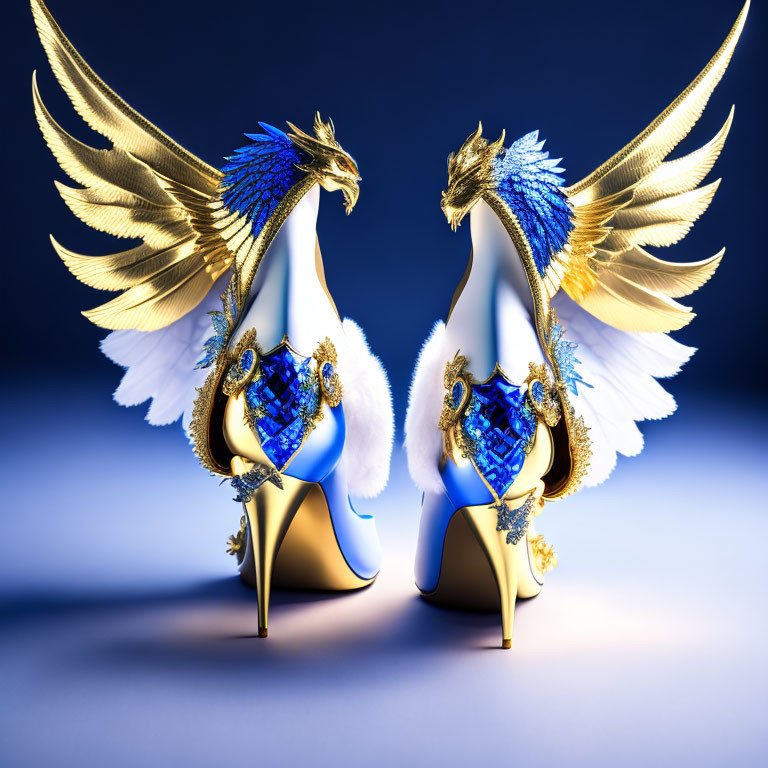 Luxurious High-Heeled Shoes with Gold Accents and Peacock Feather Designs