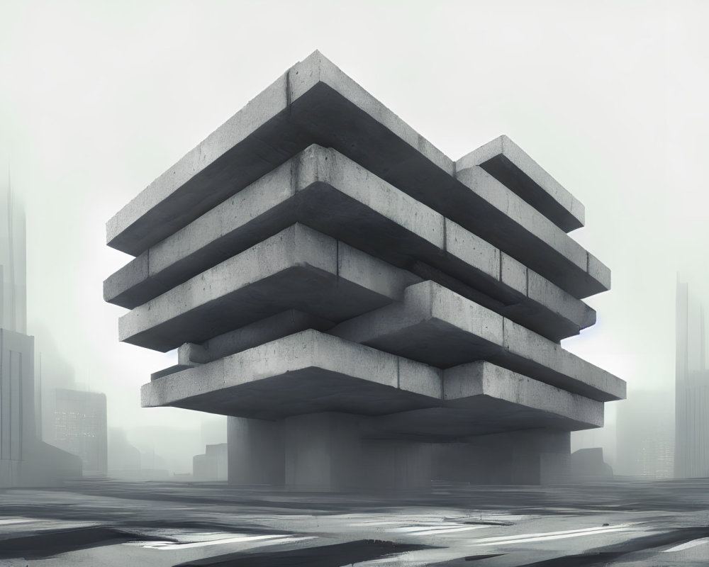 Geometric Concrete Building in Urban Misty Landscape