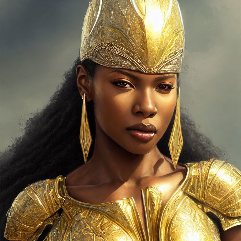 Determined woman in golden armor and helmet on soft glowing backdrop