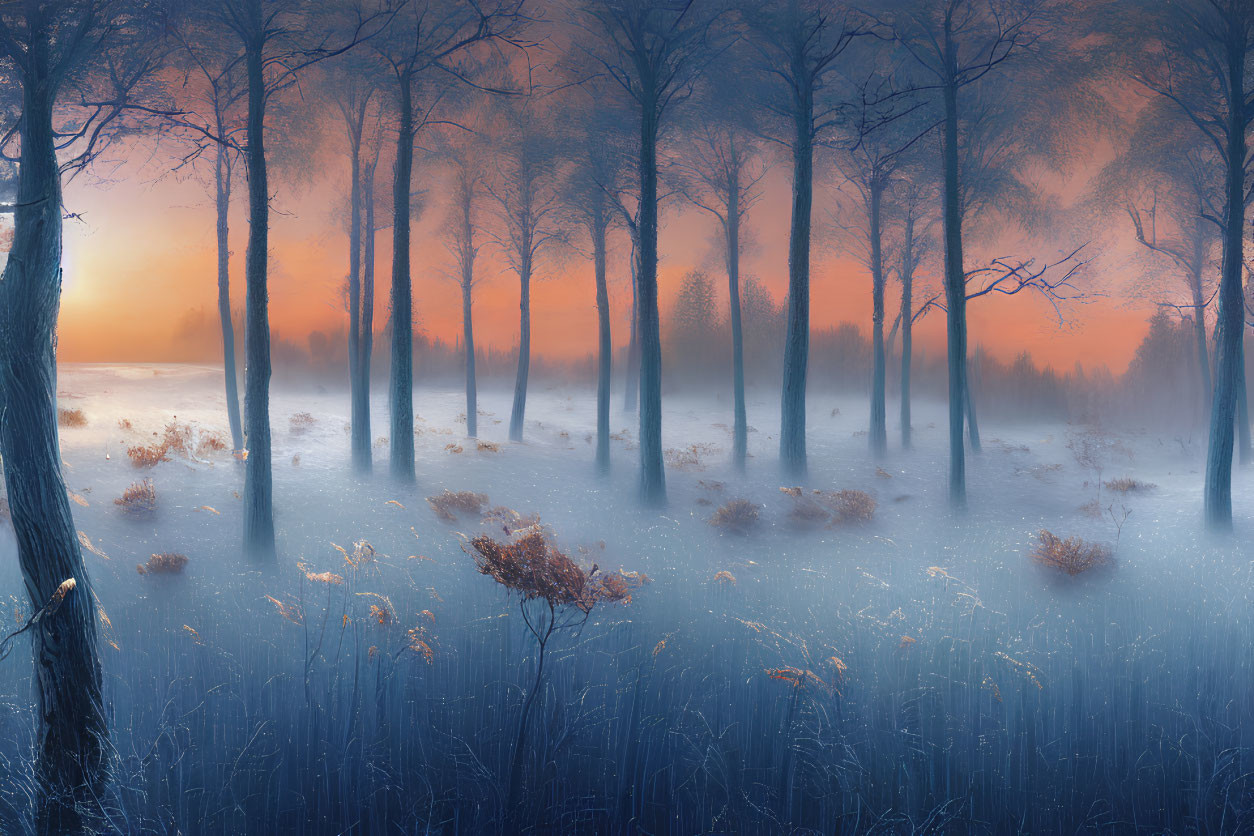 Misty forest at twilight with bare trees and glowing horizon