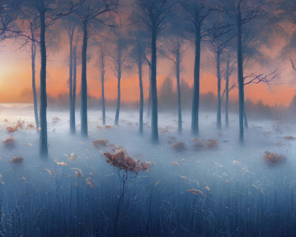 Misty forest at twilight with bare trees and glowing horizon