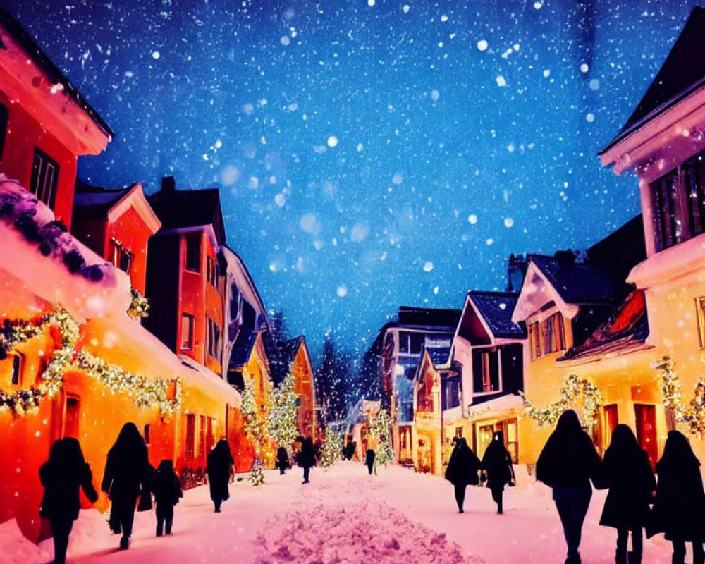 Snowy Street Scene: People Walking Among Festive Lights