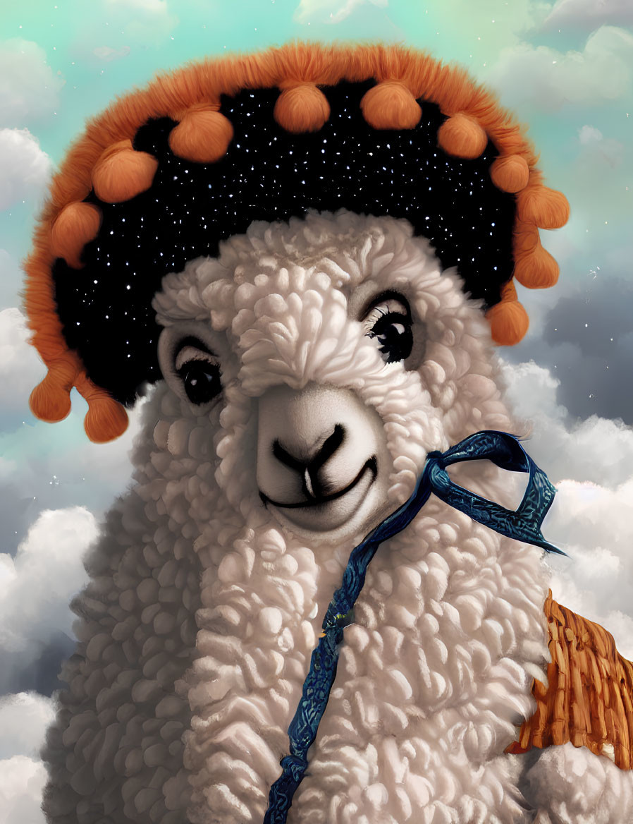 Anthropomorphic sheep with starry beret and stylish scarf on cloudy sky backdrop