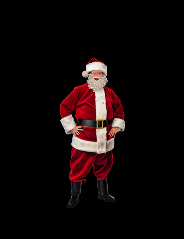 Santa Claus Costume with Red Suit and White Beard on Black Background