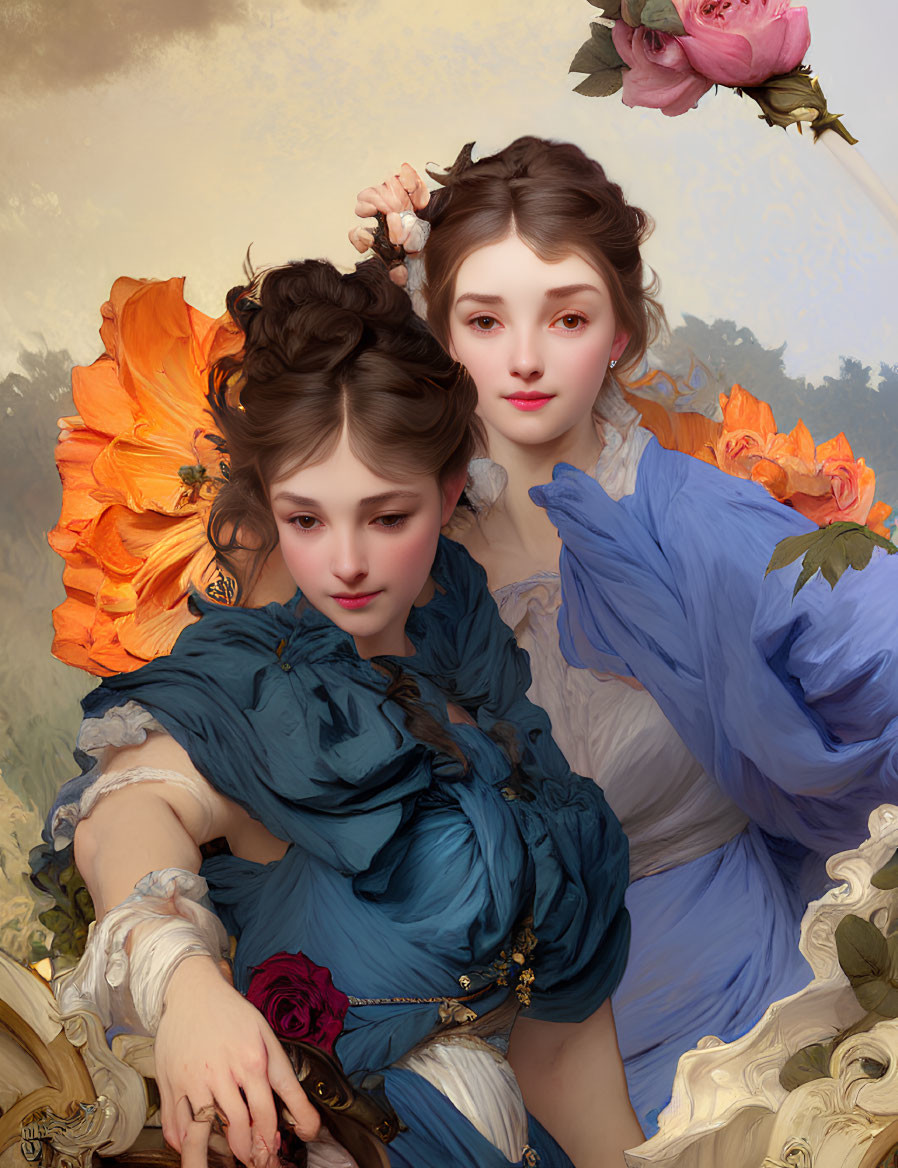 Two women in elegant historical dresses with colorful flowers on soft backdrop