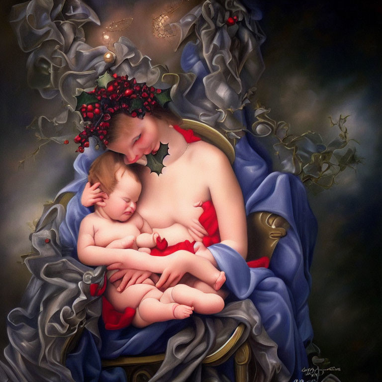 Mother cradling sleeping baby in serene painting
