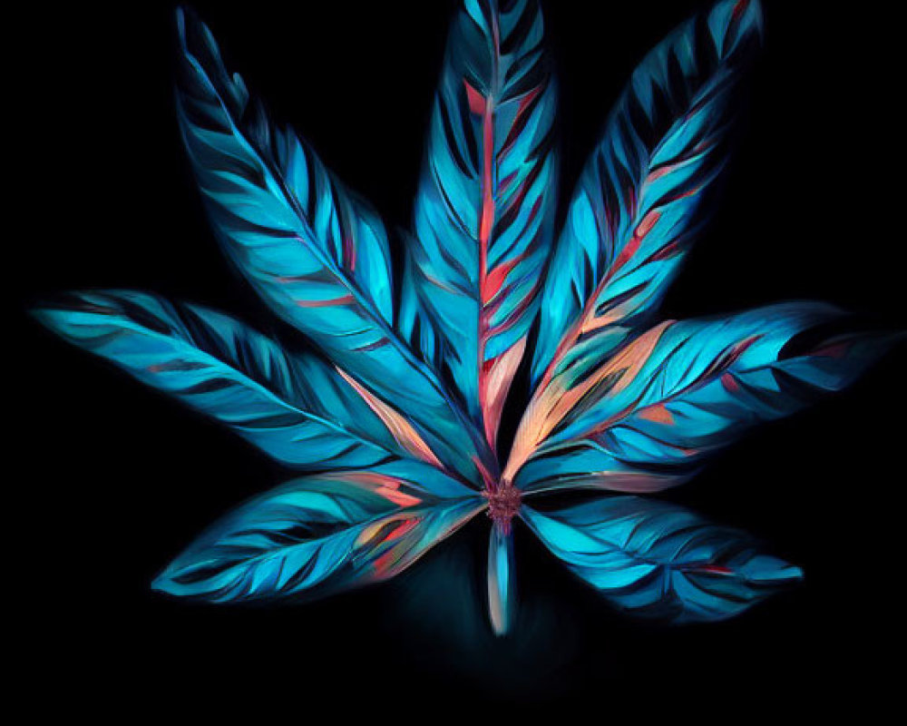 Vibrant digital illustration of neon cannabis leaf on black background