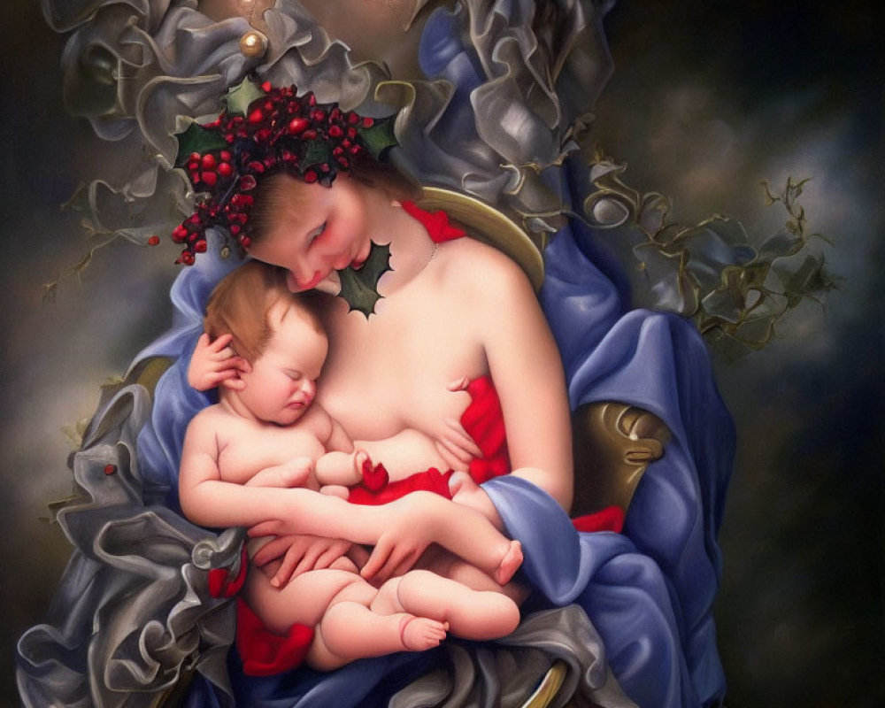 Mother cradling sleeping baby in serene painting