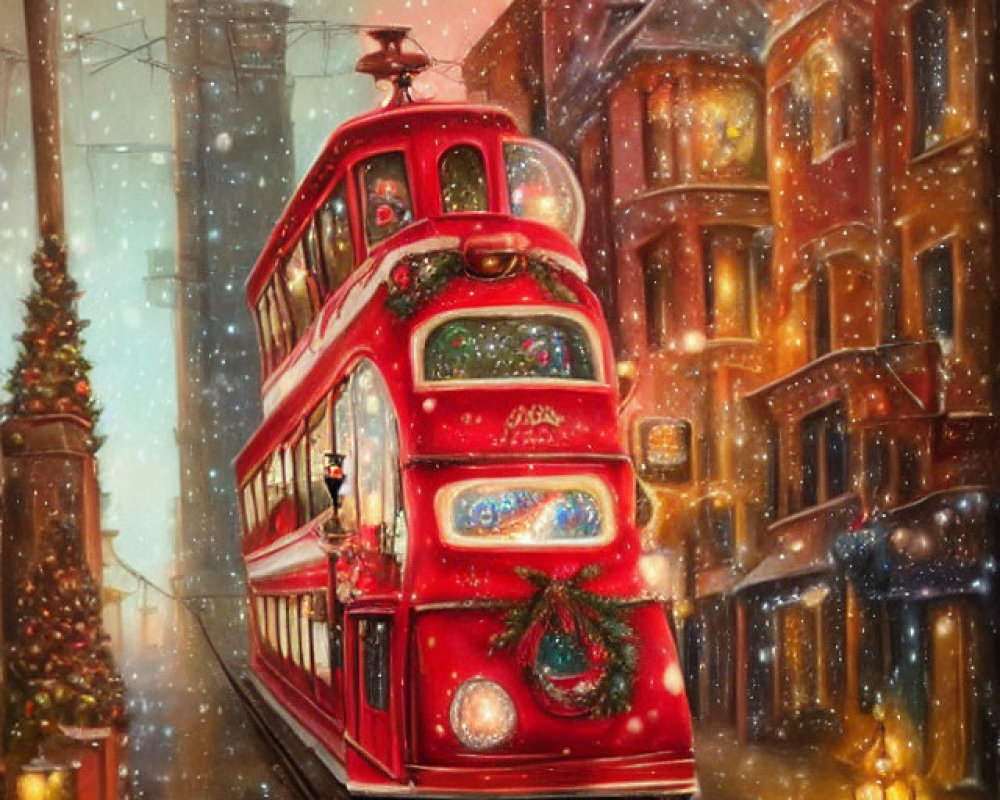 Vintage Red Tram with Festive Wreath on Snowy Street