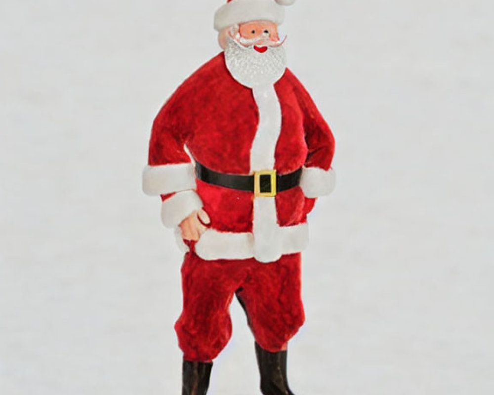 Miniature Santa Claus Figure in Red Suit on Snowy Background