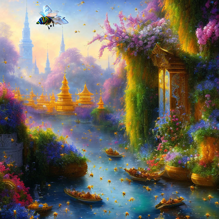 Fantasy landscape with golden spires, lush flora, canals, boats, petals, and a