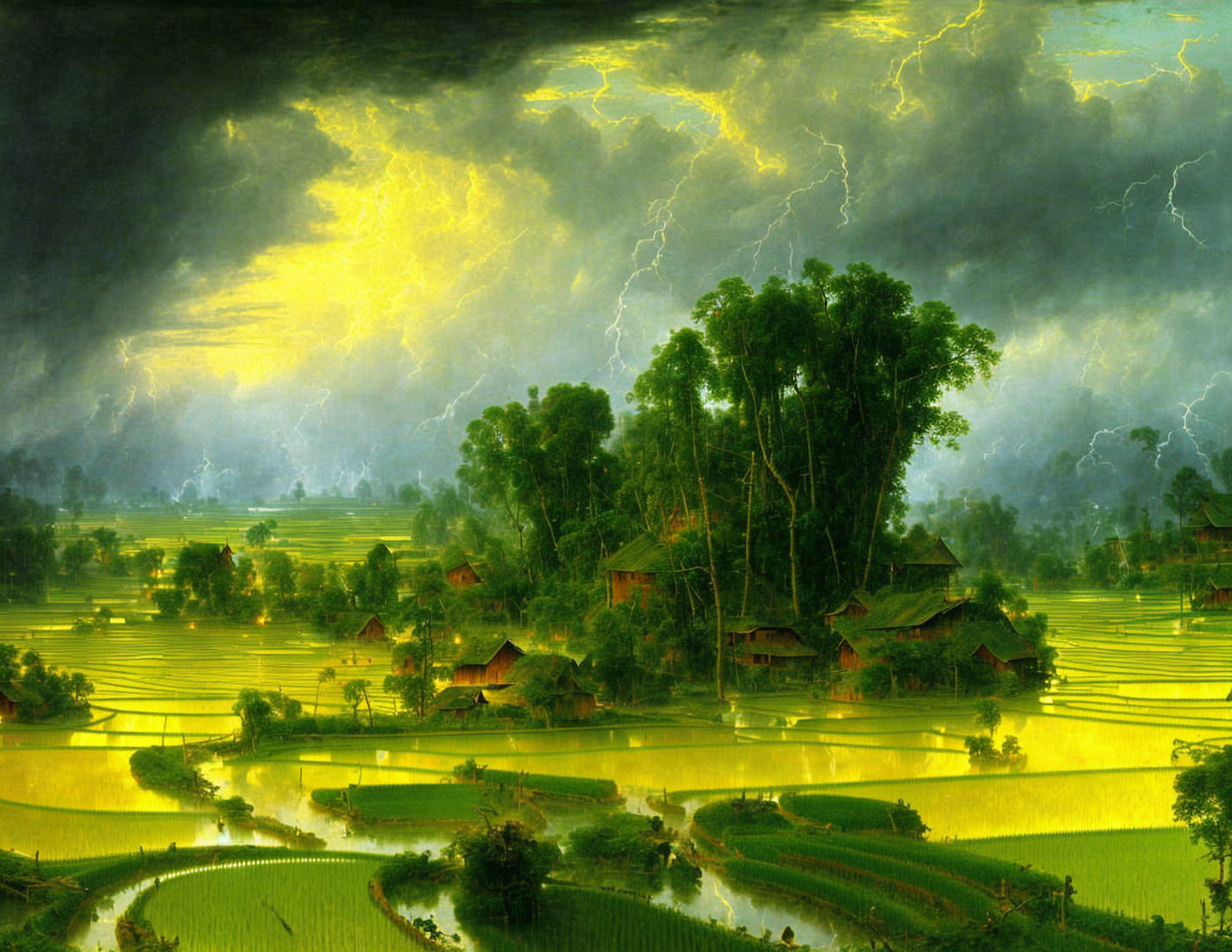 Thunderstorm landscape painting with serene village and rice paddies under dramatic sky