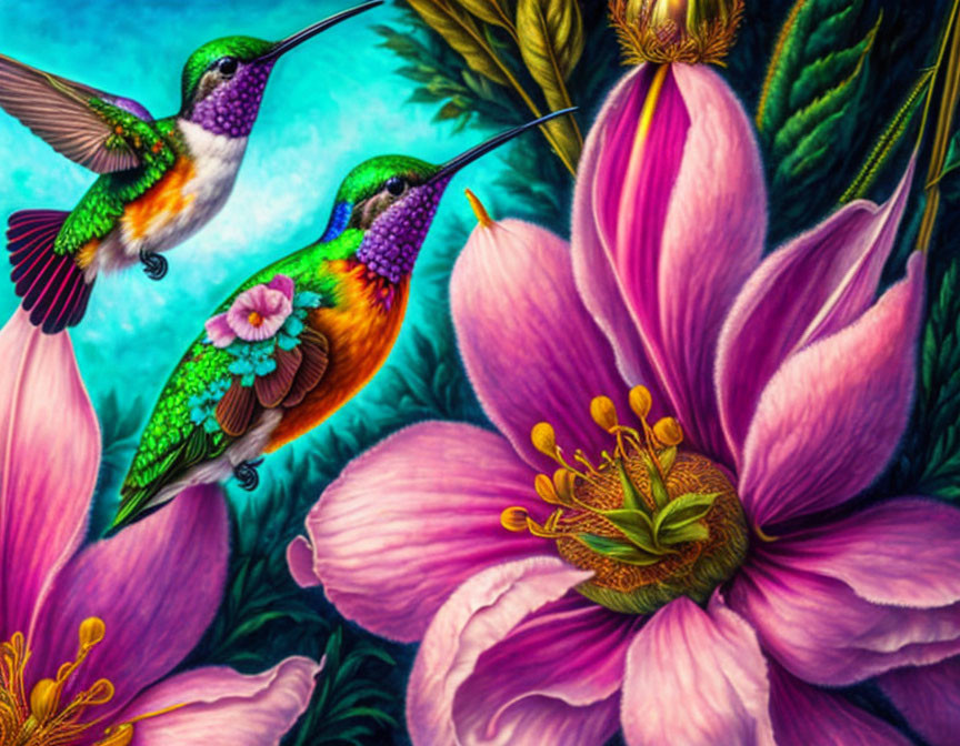 Colorful hummingbirds near pink flowers in lush green setting