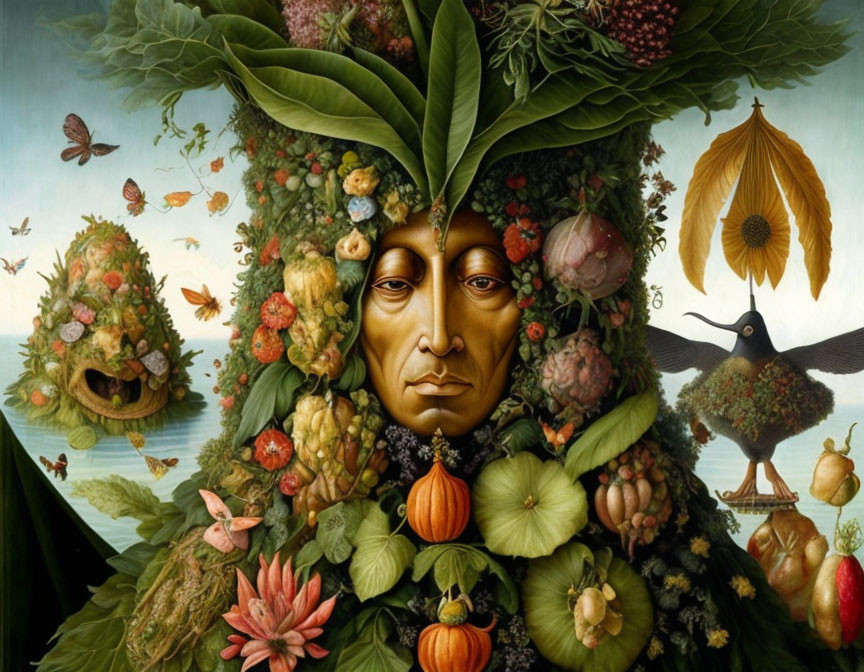 Surreal portrait with camouflaged face in fruits, vegetables, and nature elements