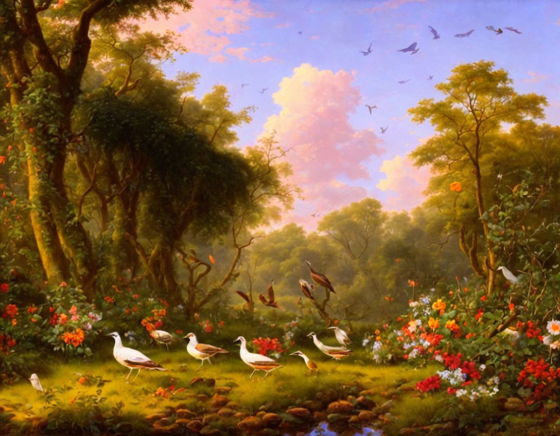 Tranquil forest scene with colorful flowers, stream, birds, sunset sky