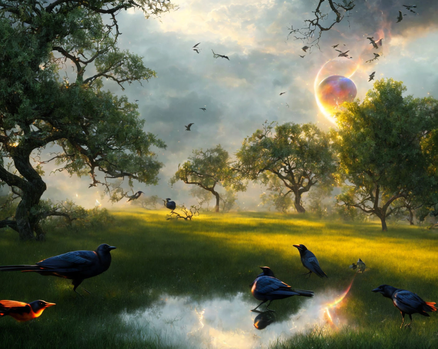 Surreal landscape with birds, reflective pond, green foliage, and glowing orb
