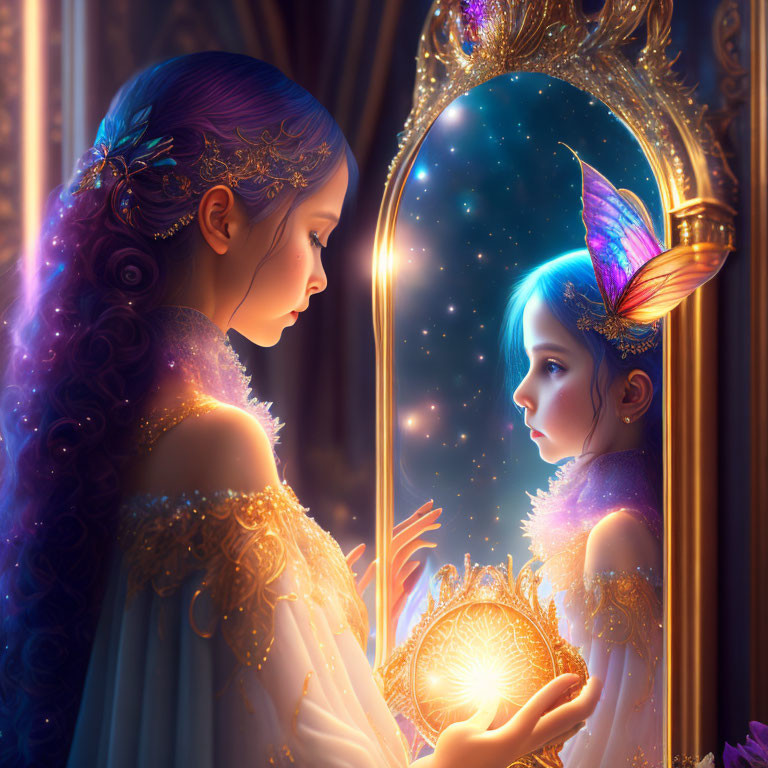 Young girl with fairy wings admiring reflection in magical mirror with glowing orb amidst twinkling stars