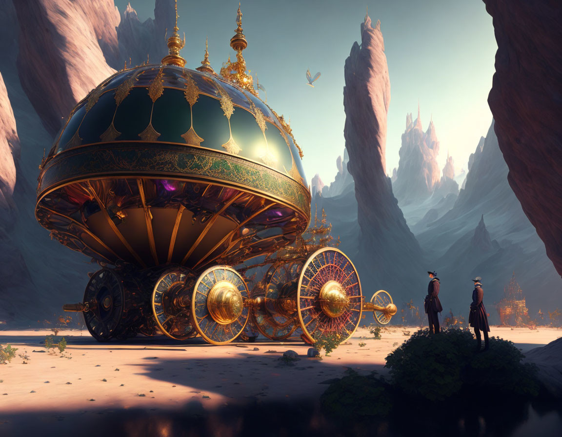 Fantastical airship with golden details in desert landscape