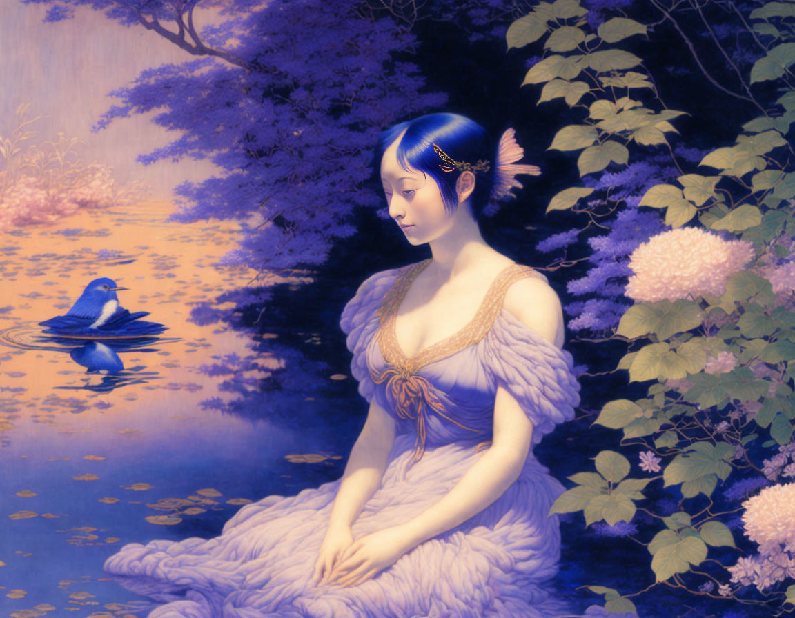 Blue-haired woman in lavender dress by pond with flowers and duck