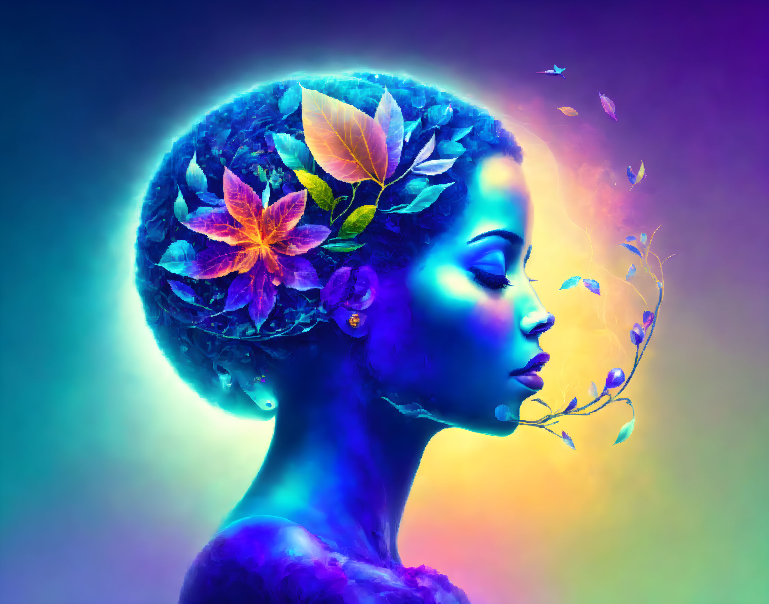 Colorful Foliage Head Woman: Vibrant Side-Profile Digital Art