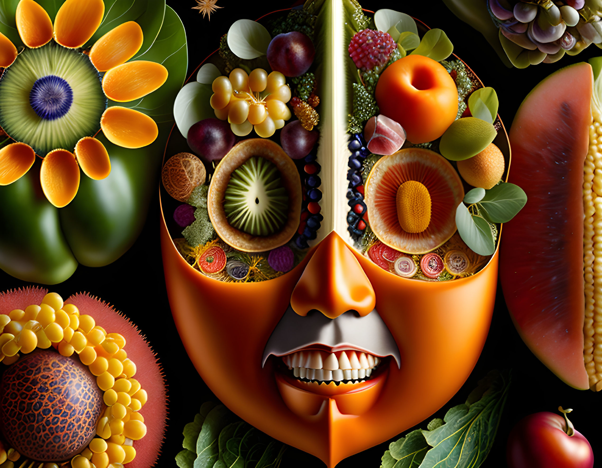 Colorful Fruit Face Artwork with Floral Elements on Dark Background