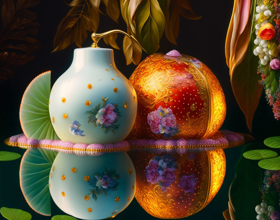Colorful still life with ornate vase and sphere on dark background reflected on glossy surface