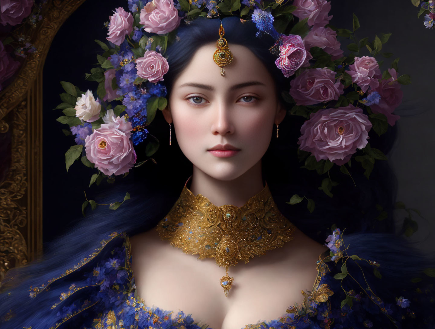 Stylized portrait of woman with blue hair and golden accessories on dark background