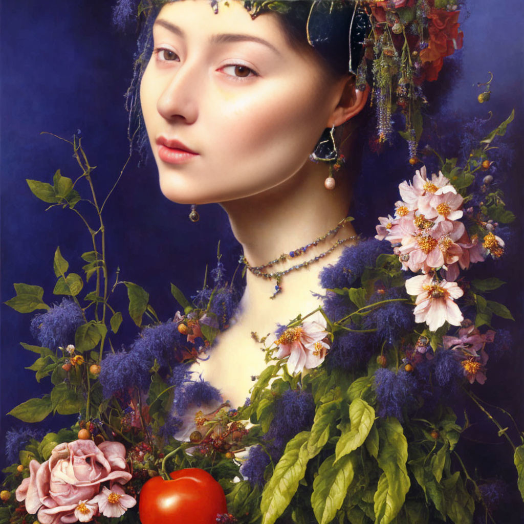 Serene woman portrait with floral and fruit arrangement on deep blue background