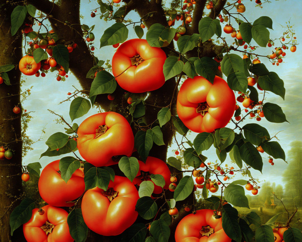 Colorful painting of oversized tomatoes on tree with small fruits and green leaves under blue sky