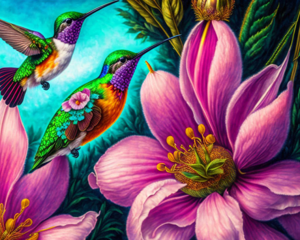 Colorful hummingbirds near pink flowers in lush green setting