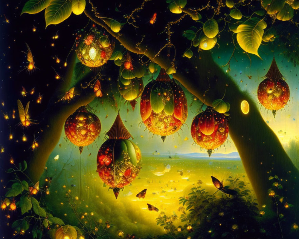 Mystical scene: Glowing fruits on tree with fireflies and butterflies