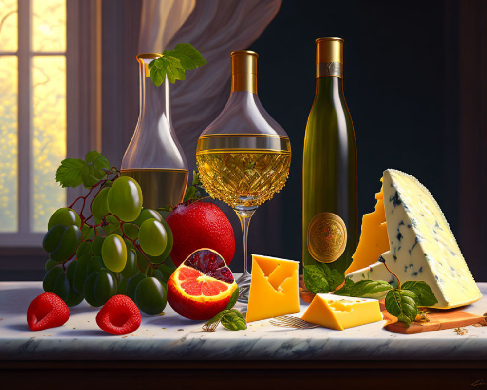 Table setting with wine, cheese, fruits, and sunlight