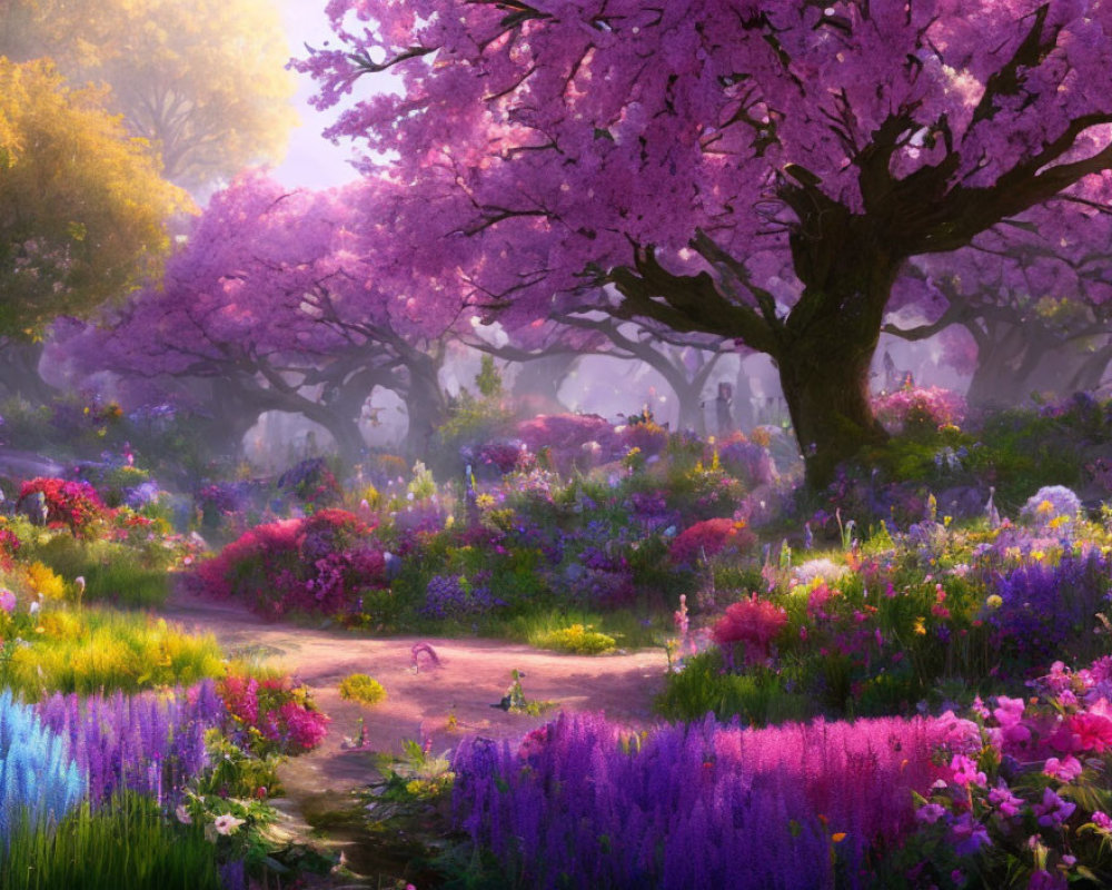 Colorful Cherry Blossom Garden with Sunlit Path