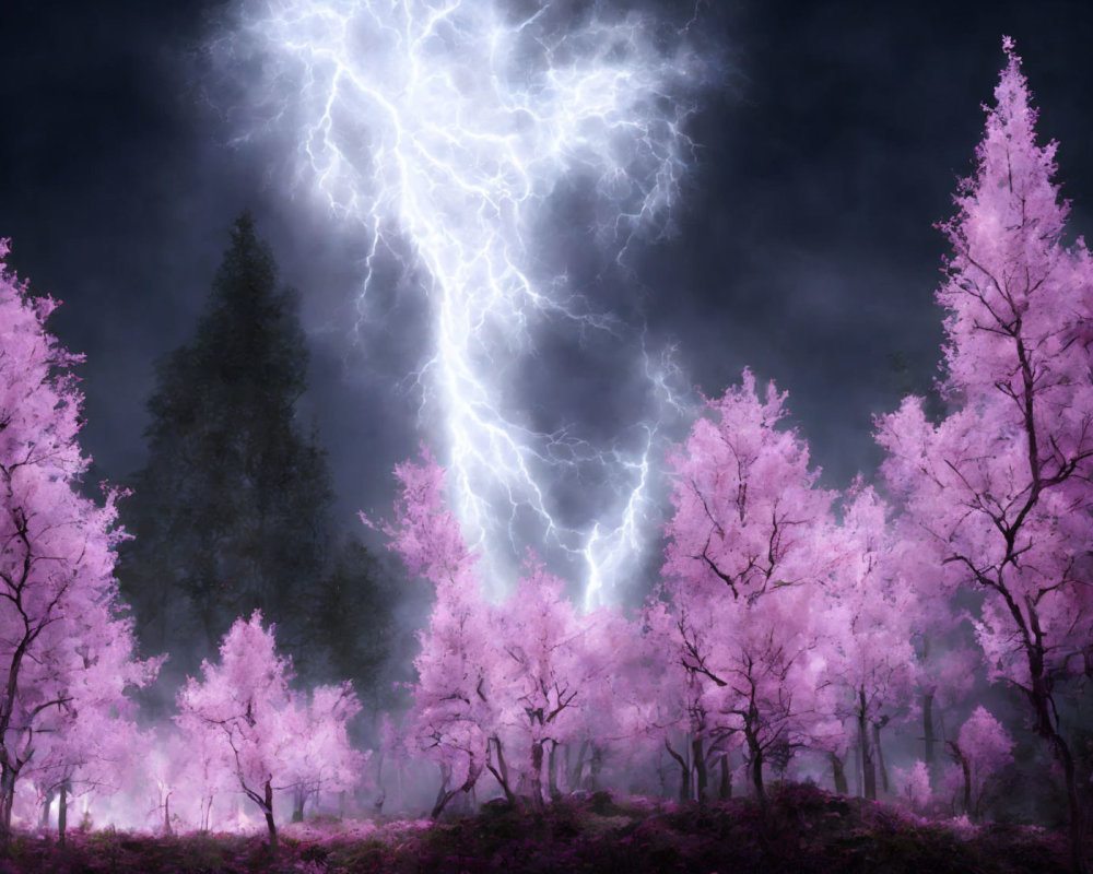 Vivid lightning bolt in mystical forest under stormy sky