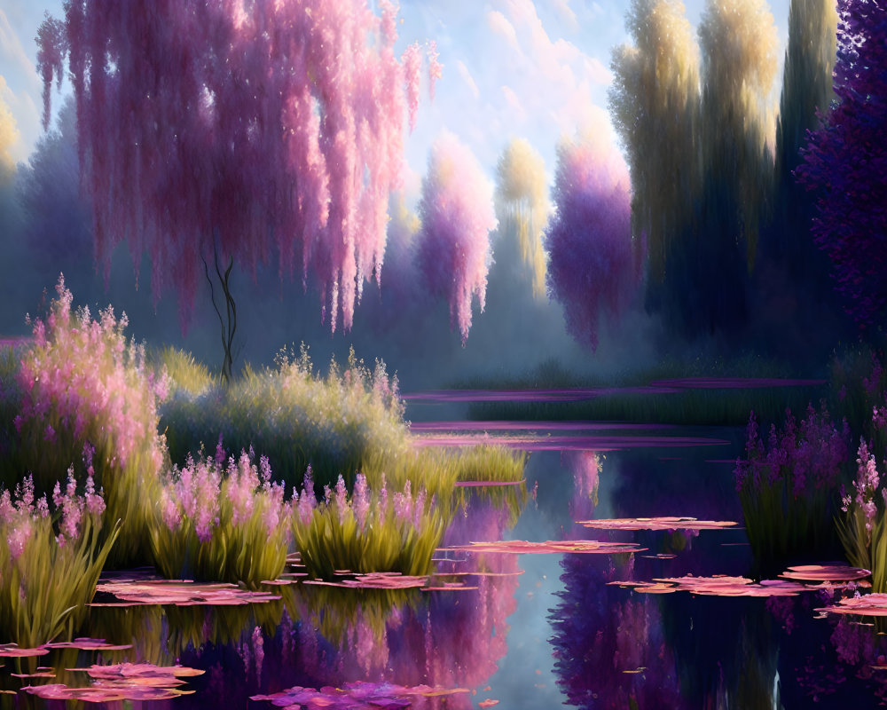 Pink and Purple Wisteria Trees in Tranquil Landscape