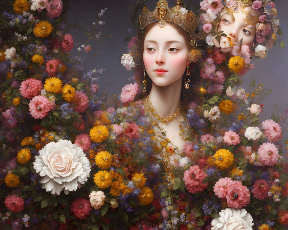 Portrait of woman with regal crown and colorful flowers, second figure hidden